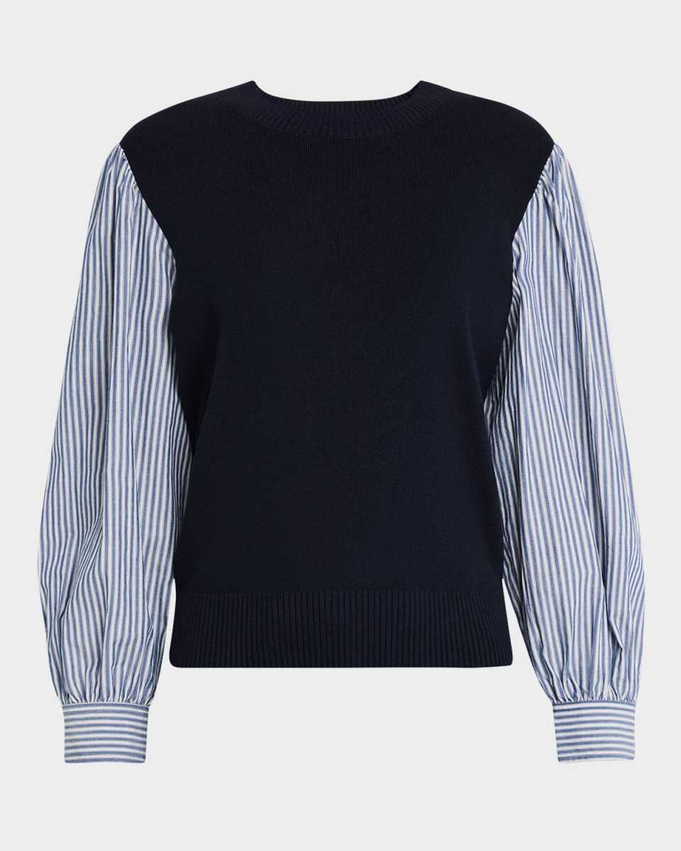 Striped-Sleeve Mixed Media Blous